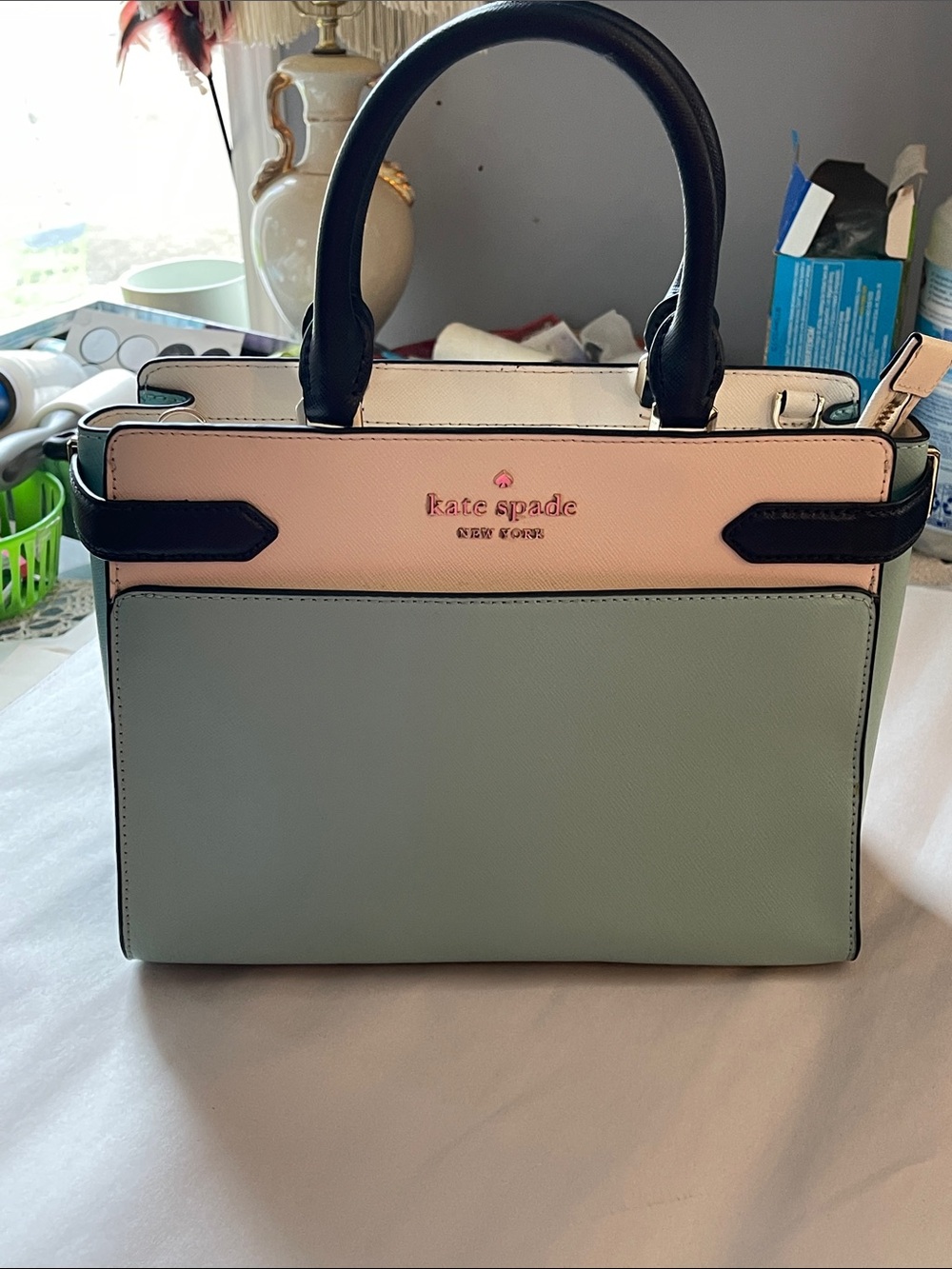 kate spade Pink and Mint Colorblock Leather Satchel with Black Trim